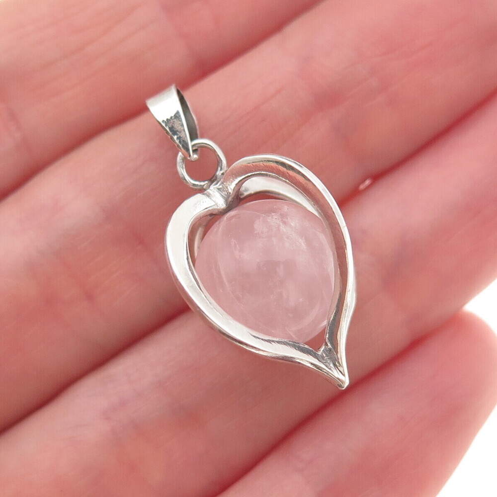 925 Sterling Silver Vintage Real Rose Quartz Heart Cage Charm Pendant
